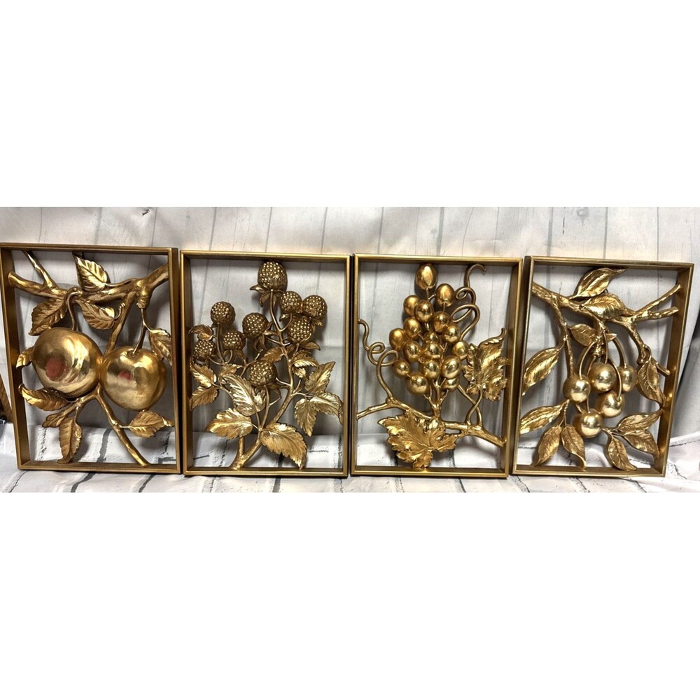Hollywood Regency Syroco Gold Wall Plaques Set Lot 4 MCM Four Fruit Panels Boho